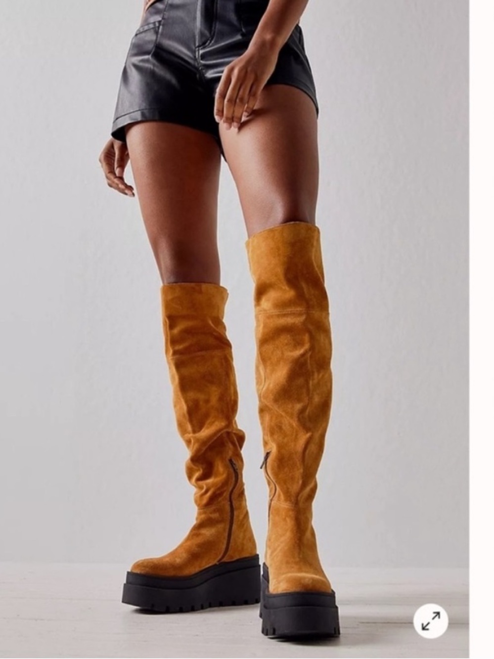 Free People Over-the-Knee Suede Platform Boots in Mustard